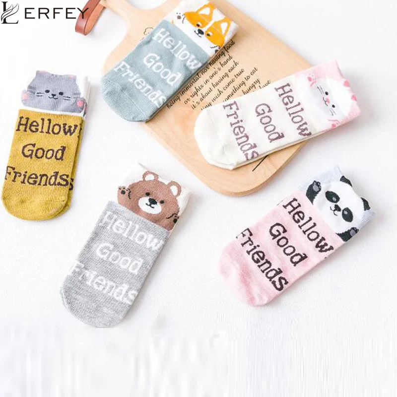 LERFEY Women Cute Animal Socks Cotton Comfort Cartoon Short Style Cat Rabbit Bear Letter Pattern Lovely Ankle Funny Sock | Женская