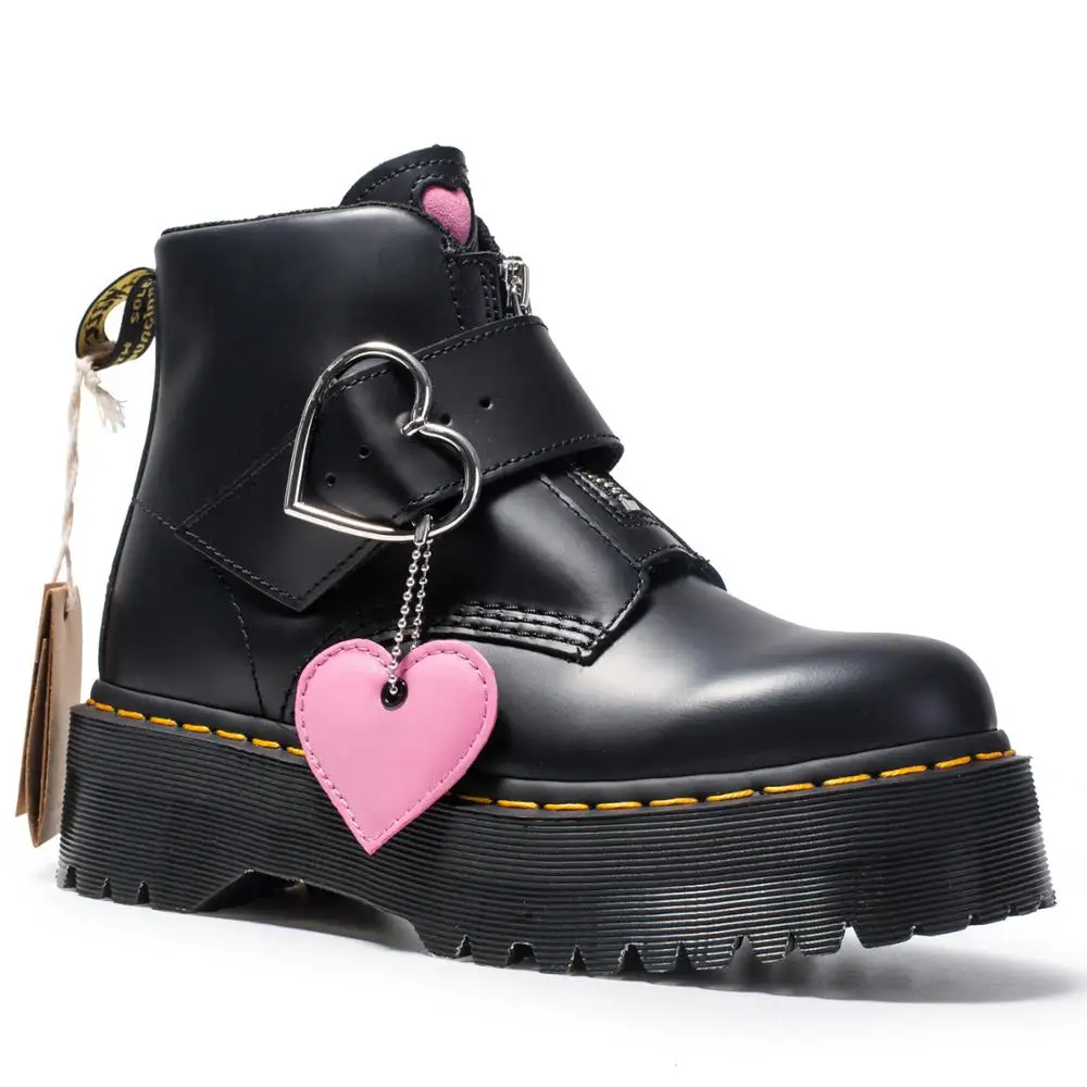 Женские ботинки; ботинки из натуральной кожи; Черные Ботинки Martin; женские ботильоны; обувь в байкерском стиле; зимняя обувь на платформе и толстом каблуке - Цвет: Черный