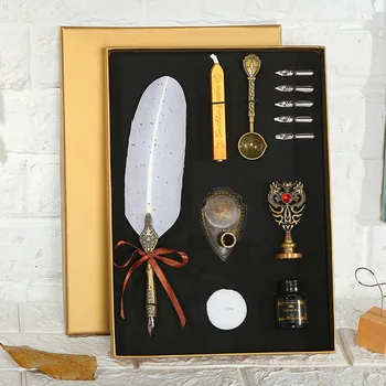 

1 Set English Calligraphy Feather Dip Pen Writing Stationery Sprinkling Gold Fountain Pen Gift Box With 5 Nib Ink Wedding Gift