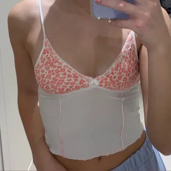 

Spaghetti Strap Y2K Leopard Print Top Sexy V Neck Sleeveless Lace Cami Mesh Top Patchwork White Tank Top Camisoles For Women