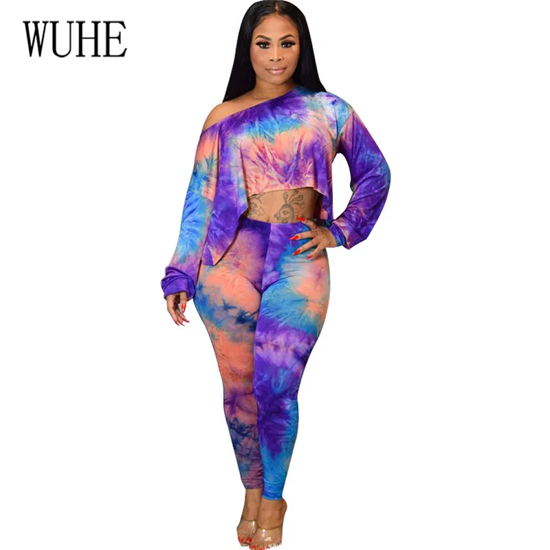 

WUHE Women Vintage Hollow Out Playsuits Female Bodycon Jumpsuits Fashion Tie Dyeing Print Two Pieces Sets Long Sleeve Playsuits