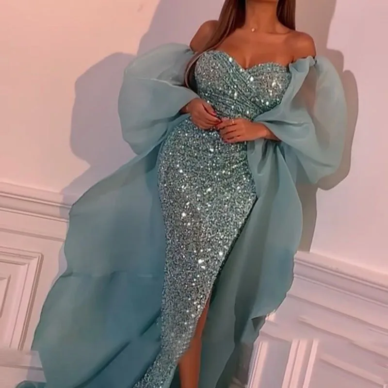

STYLISH LADY Green Glitter Sequin Mesh Dress 2020 Spring Women Long Sleeve Off Shoulder Bodycon Party Runway Split Long Dress