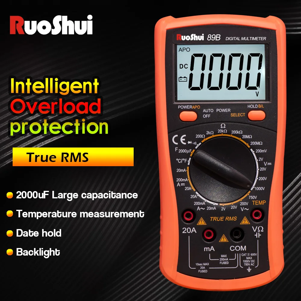 

RuoShui 89B Multimeter True RMS Intelligent Overload protection 2000 counts Resistance Temperature Capacitance Diode multi meter