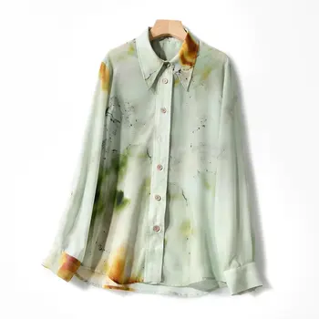 

Green splash ink print women shirt 2020 new casual fashion wild long sleeve turn-down collar lady shirt tops