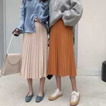 Осень зима Женская Корейская Высокая талия трапециевидная школьная длинная юбка женская элегантная однотонная миди плиссированная юбка для женщин