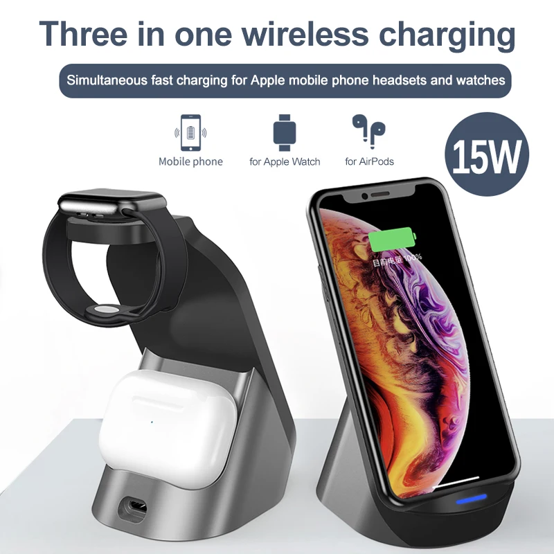 Suporte de Carregador sem Fio Rápida para o Iphone 3 em 1 3 para Airpods Carga xr Apple Assista 5 4 Pro Carregador Rápido Doca Estação 15w 11 x xs 2 3 em 1 suporte de carregador sem
