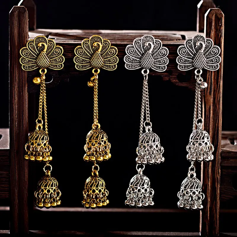 Этнические женские золотые длинные висячие серьги с павлином Jhumka индийские серьги Винтажные серьги с фонариком и кисточками дворца Orecchini Donna