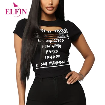 

Black Harajuku T-shirt Women Hollow Out Sexy Tee Shirt Short Sleeve Print Letter Summer Punk Clothing 2020 SJ5365R