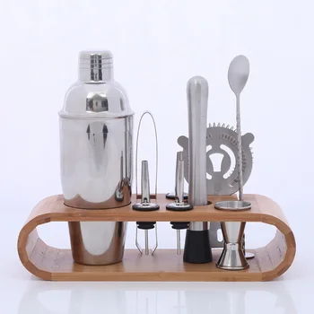 

Stainless Steel Snow Pot Bar Bartending Tool Set Custom Bamboo Frame Base 9 Piece Set Wine Bottle Stopper Wine Aerator Wine