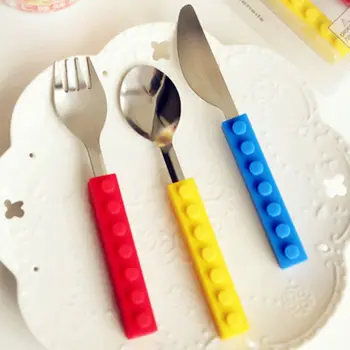 

3Pcs 3Pcs Creative Building Blocks Handle Stainless Steel Kids Spoons Forks Knife Baby Feeding Tableware Kids Toddler Dishes