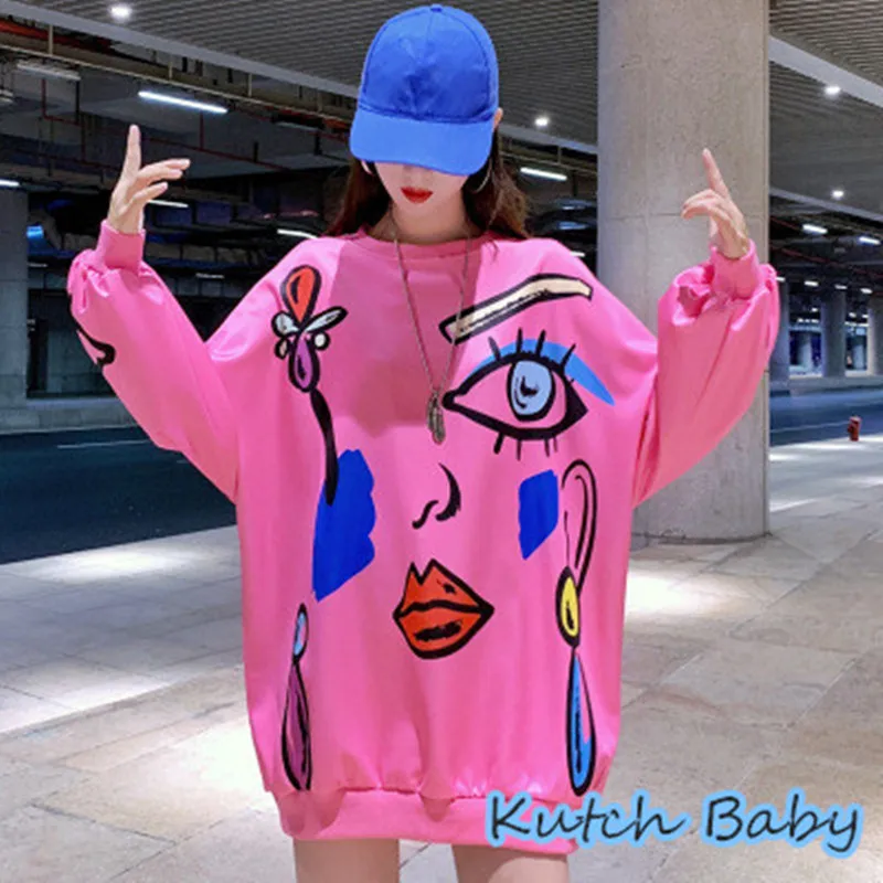 Kutch baby граффити печати пуловер для женщин средней длины пальто тонкий большой Топ