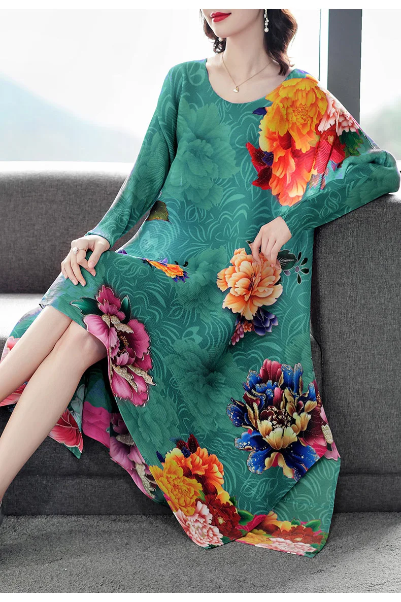 

HOT SELLING Miyake fashion pleated Peony print o-neck long sleeve A-Line dress IN STOCK