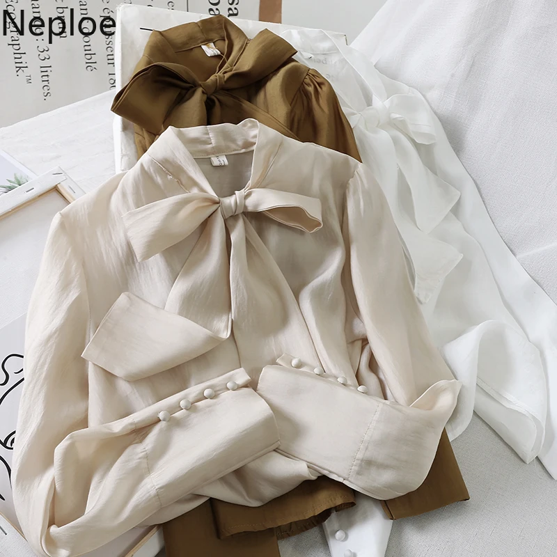 Блузка Neploe с круглым вырезом, на шнуровке, с бантом, однотонная, свободная, длинный рукав, рубашка, осень-весна, новинка, темперамент, дикая, праздничная рубашка