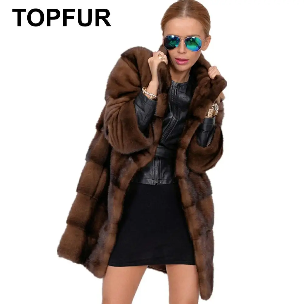 

Topful Fashion Real Fur Coat Women Brown Mink Coat With Fur Collar Full Sleeves Winter Plus Size Medium Long Nature Coats