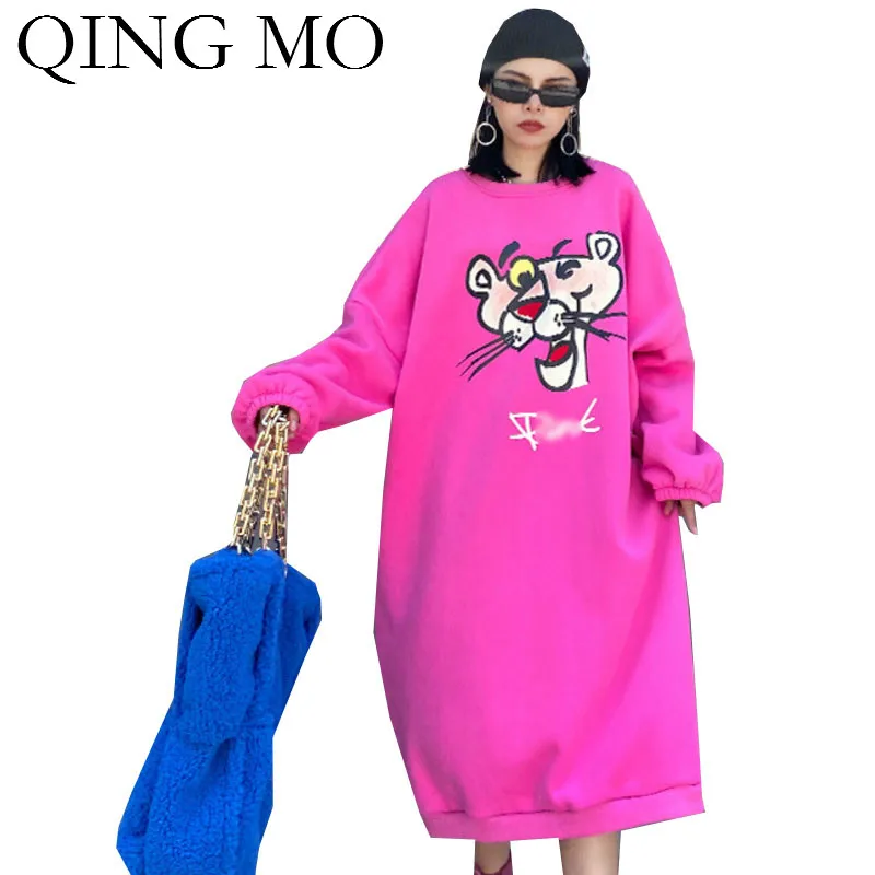 Женское бархатное платье свитшот QING MO розовое/оранжевое/зеленое/черное большого