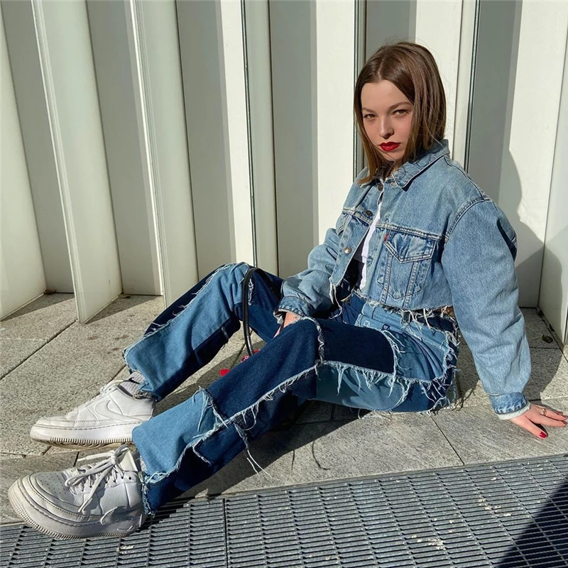 

FUFUCAILLM INS Fashion Women Patchwork Jeans Fluff Color Block Straight-leg Trousers with Pockets Adults Streetwear Pants