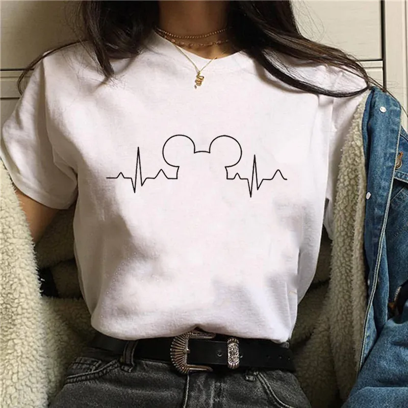 

T Shirt Women 2019 Suitable Size Harajuku Tops Summer Tops Graphic Tees Women Mickey Mouse Heartbeat Kawaii T-shirt