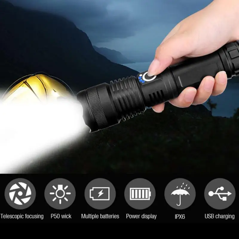 

Most Powerful XHP50 LED Flashlights Glare Tactical Torch Waterproof Flashlights Telescopic Zoom LED Flashlights 26650 Battery