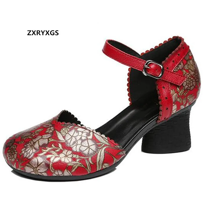 

2021 New Summer Classic Print Genuine Leather Sandals Round Toe Side Air Women Fashion Sandals Banquet Wedding High Heel Sandals