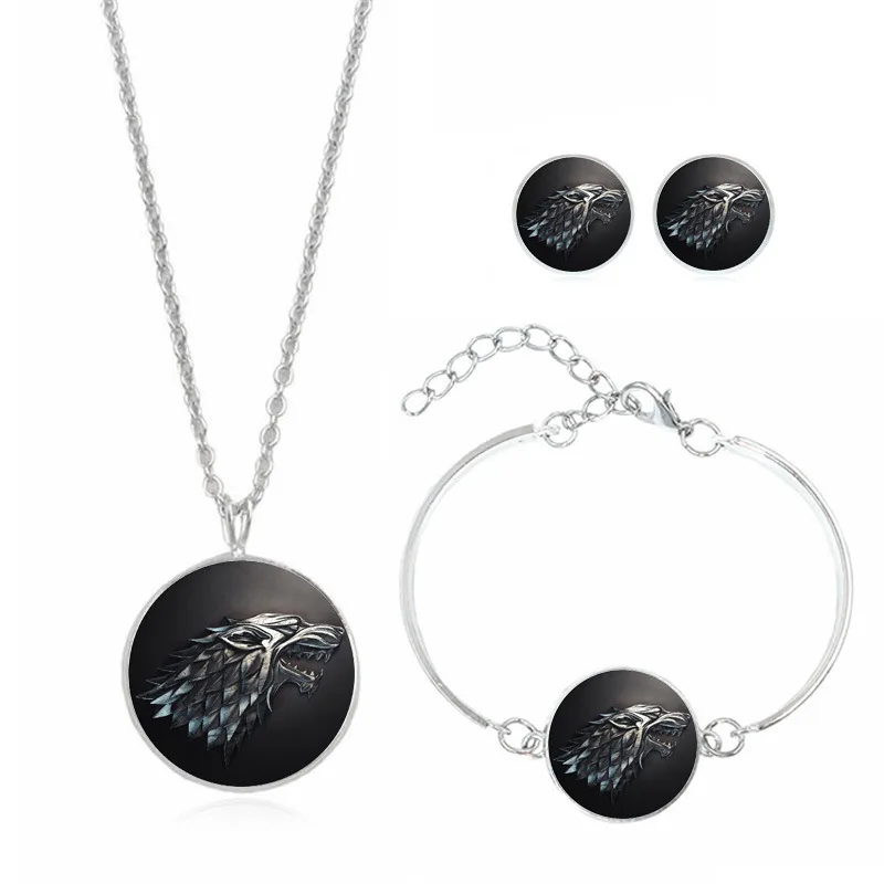 

Power Game Stark Wolf Head Time Stone Necklace Ear Stud Bracelet Set Accessories