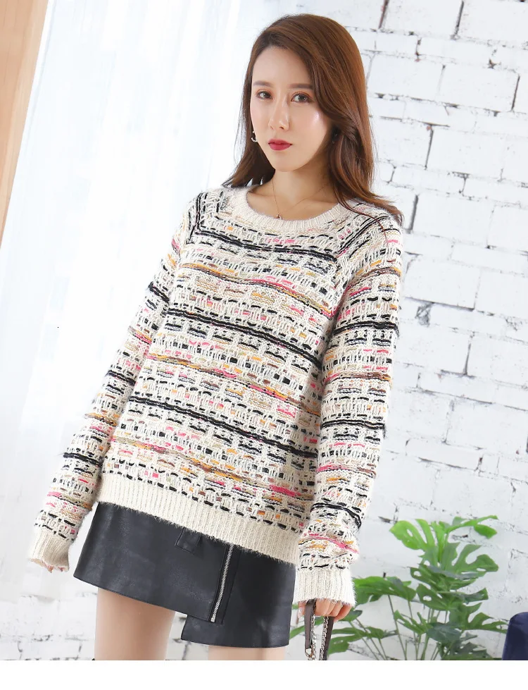 Осень, вязанная свободная форма, свитер, исландский кроличий мех, грубая шерсть, рукав, полосатый свитер, S971
