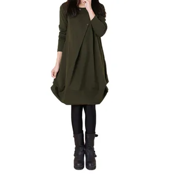 

Autumn Dress Solid Button dress Long Sleeve Loose Casual Dress Vintage Round Neck women dress elegant robe longue femme #L20
