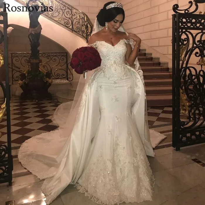 Роскошные свадебные платья Русалка со съемным шлейфом с открытыми плечами и кружевной аппликацией Vestido De Novia скромные свадебные платья