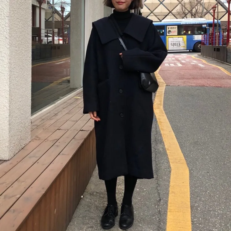 Women Winter Black Long Wool Coat Sleeve Navy Collar Straight Overcoat Single Breasted Cardigan Outerwear plus size | Женская одежда