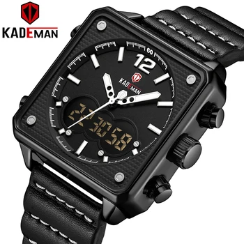 

KADEMAN Mens Luxury Brand Sport Leather Wrist LED Display Waterproof Clock Square Plate Shockproof Smart Watches Reloj Hombres
