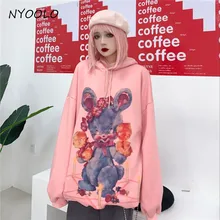 NYOOLO Harajuku стиль мультфильм милый кролик печати свободные плюс бархат теплые толстовки осень зима пуловер с капюшоном Толстовка для женщин