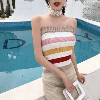 

New Rainbow Striped Color Block Boob Tube Top Slim-Fit Knit Wrapped Chest Outer Wear Top