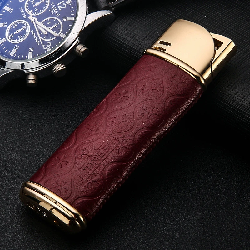 New Dermis Windproof Gas Lighter Butane Metal Straight Torch Lighter Creative Petrol Lighter Gadgets For Men Cigarette Lighter - Цвет: Red