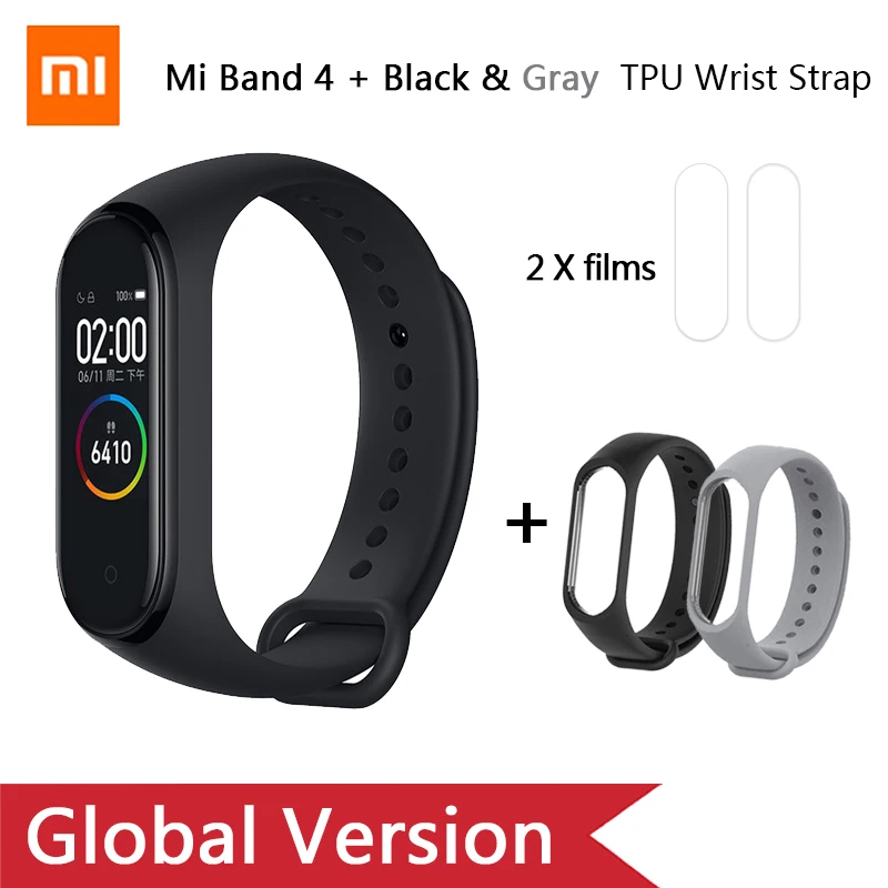 Глобальная версия, Xiaomi mi-браслет 4 mi Band 4, музыкальный цветной экран, фитнес-частота сердечных сокращений, Bluetooth 5,0, умные часы, Russina - Цвет: Ad Black grey strap