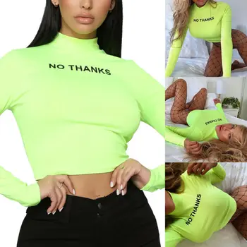 

Fashion Trend Women Turtle Neck Crop Tops Long Sleeve No Thanks Short Stretch T-Shirts Blouse Sport Exercise New Tees