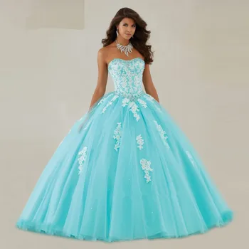 

vestido de noiva Turquoise Cheap Quinceanera Gown White Lace 2018 Debutante Crystal Floor Length mother of the bride dresses