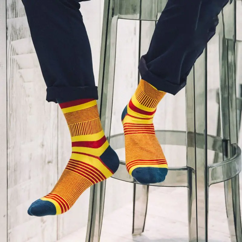 5 Pairs Men Color Block Fine Stripes Print Cotton Crew Socks Harajuku Hosiery