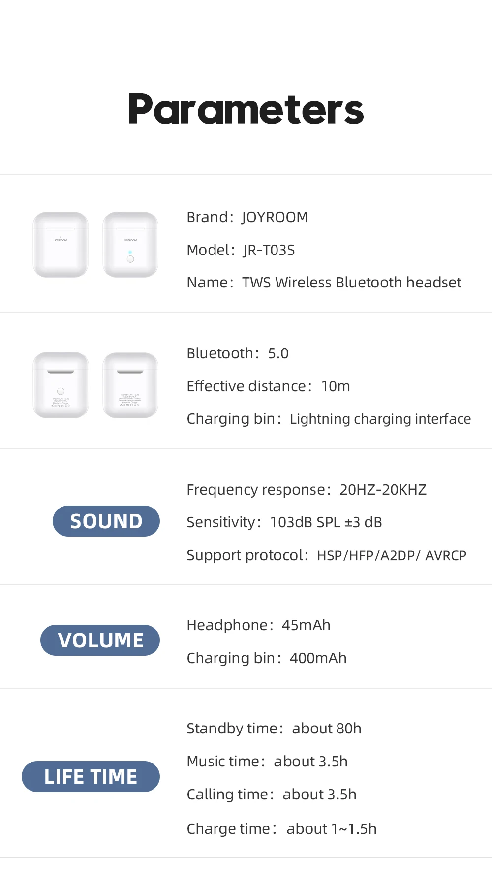 JOYROOM T03S TWS бинауральные Беспроводные Bluetooth 5,0 наушники-вкладыши настоящие беспроводные белые наушники с поддержкой Siri IOS Android наушники