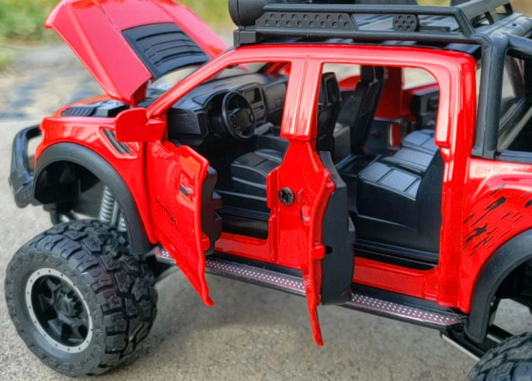 New 1:28 Ford Raptor F150 Alloy Diecast Car Model Toys Sound Light Toy Pickup Truck Pull Back Vehicle For Children
