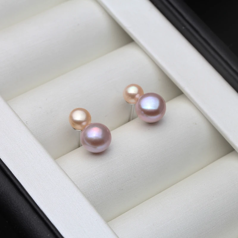 Real Freshwater Pearl Stud Earrings,925 Sterling Silver Earrings For Women,Cheap Fashion Double Pearl Earrings Jewelry