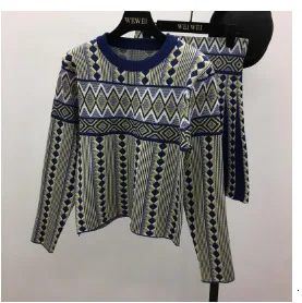 Женский винтажный вязаный свитер, юбки, комплекты с геометрическим принтом, женские трикотажные костюмы - Цвет: Blue