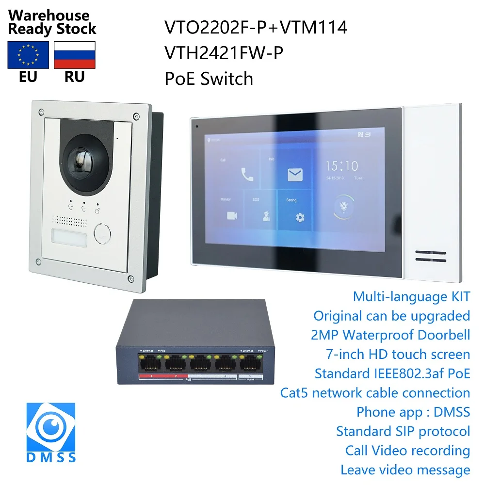 Kit de intercomunicador de vídeo IP, interfono multilingüe que incluye VTO2202F-P, VTH2421FW-P y conmutador PoE, firmware SIP