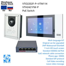 Kit de intercomunicador de vídeo IP, interfono multilingüe que incluye VTO2202F-P, VTH2421FW-P y conmutador PoE, firmware SIP