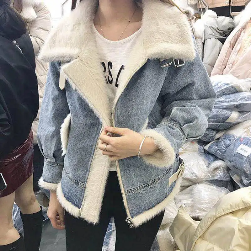 Woherb женская джинсовая куртка с мехом корейская Зимняя Толстая джинсовая куртка женская винтажная уличная стеганая куртка теплые куртки