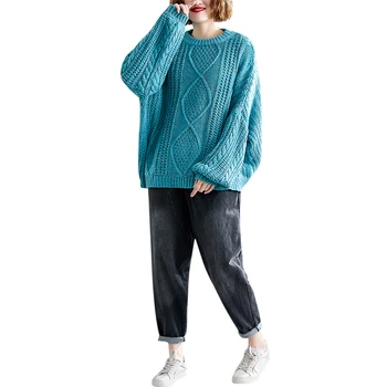 

plus size knitted women sweaters and pullovers o-neck solid lantern sleeved loose short lady all match pulls outwear coat tops