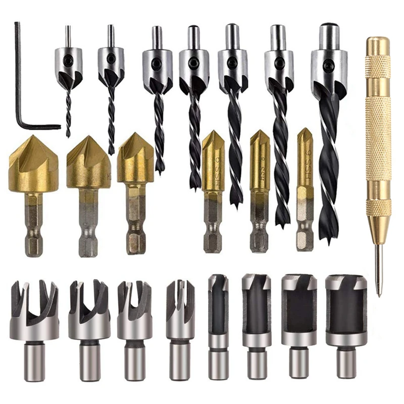 Woodworking Chamfer Countersink Drill Bit Set 90 Degree /Three Pointed Bits Wood Plug Cutter and Automatic center punch | Инструменты