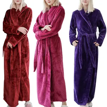 

Women Bathrobe Winter Plush Bride Robe With Belt Ladies Button Long Kimono Bath robe Warm Thick Flannel Sleepwear Bath Gown