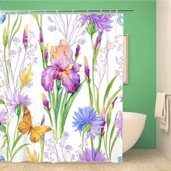 

Bathroom Shower Curtain Blue for Floral Iris Flowers Bluebells Cornflowers Butterflies Watercolor 60x72 inches Waterproof Bath