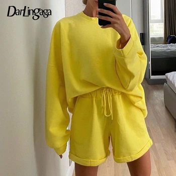 

Darlingaga Casual Autumn Loose Two Piece Women Tracksuit Workout Matching Sets Cotton Sweatshirt and Drawstring Shorts Outfits