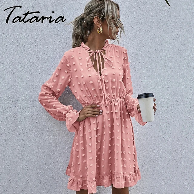 Women Pink Dress for Ladies Applique Chiffon Shirt Dress women Ruffled Neck Long Sleeve High Waist Mini Summer Dress Vestido 4