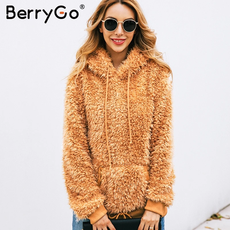 Brown BerryGo/Повседневные теплые толстовки с капюшоном из искусственного меха, женские плюшевые толстовки с плюшевым мишкой для отдыха, осенне-зимние меховые женские пуловеры - Цвет: Brown